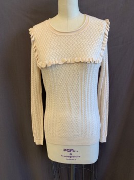 JOIE, Beige, Wool, Silk, Cable Knit, Solid, Round Neck, Long Sleeves, Ruffle at Chest and Back Yoke