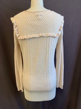 Womens, Pullover, JOIE, Beige, Wool, Silk, Cable Knit, Solid, S, Round Neck, Long Sleeves, Ruffle at Chest and Back Yoke