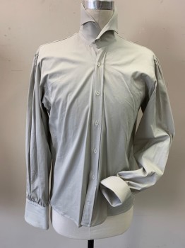 Mens, Historical Fiction Shirt, VENICE CUSTOM SHIRTS, Lt Gray, Cotton, Elastane, Solid, 15, Long Sleeves, Button Front Placket, Gathers at Shoulders, Novelty Collar, Fold Up Button Cuffs