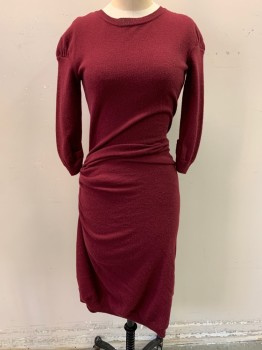 NINA RICCI, Red Burgundy, Wool, Cashmere, Solid, Crew Neck, Puff Shoulders, Ruched Side & Back, Midi, Long Sleeves