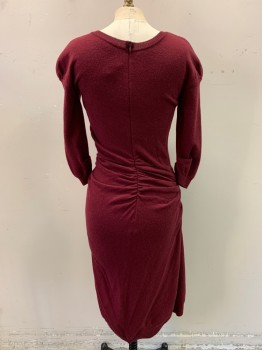 NINA RICCI, Red Burgundy, Wool, Cashmere, Solid, Crew Neck, Puff Shoulders, Ruched Side & Back, Midi, Long Sleeves