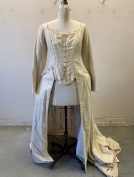 N/L MTO, Cream, Champagne, Cotton, Paisley/Swirls, Brocade, Long Sleeves, Cream "Stomacher" Panel with Decorative Silver Buttons, Scoop Neck, Lace Trim, 2 Faux Welt Pockets with Attached Metal and Pearl Chain Swag, **Overdress Only - Open Center Front, Floor Length, 1700's Inspired Historical Fantasy