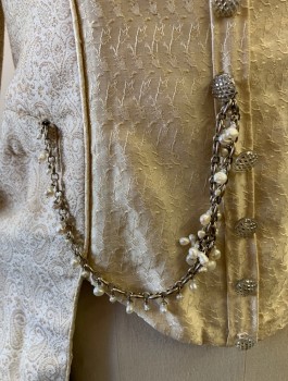 Womens, Historical Fiction Dress, N/L MTO, Cream, Champagne, Cotton, Paisley/Swirls, W:30, B:36, Brocade, Long Sleeves, Cream "Stomacher" Panel with Decorative Silver Buttons, Scoop Neck, Lace Trim, 2 Faux Welt Pockets with Attached Metal and Pearl Chain Swag, **Overdress Only - Open Center Front, Floor Length, 1700's Inspired Historical Fantasy