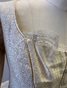 N/L MTO, Cream, Champagne, Cotton, Paisley/Swirls, Brocade, Long Sleeves, Cream "Stomacher" Panel with Decorative Silver Buttons, Scoop Neck, Lace Trim, 2 Faux Welt Pockets with Attached Metal and Pearl Chain Swag, **Overdress Only - Open Center Front, Floor Length, 1700's Inspired Historical Fantasy