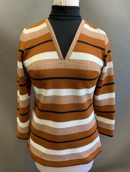 Womens, Top, N/L, Caramel Brown, Black, White, Polyester, Stripes - Horizontal , W:33, B:38, H:42, Bumpy Texture, Long Sleeves, Tunic Length, Solid Black Mock Neck Attached "Dickie" Under V-neck, Zipper in Back, Late 1960's/1970's
