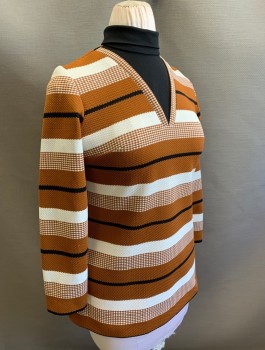 Womens, Top, N/L, Caramel Brown, Black, White, Polyester, Stripes - Horizontal , W:33, B:38, H:42, Bumpy Texture, Long Sleeves, Tunic Length, Solid Black Mock Neck Attached "Dickie" Under V-neck, Zipper in Back, Late 1960's/1970's