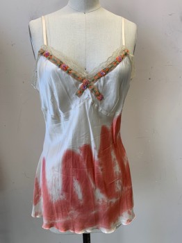 Womens, Top, N/L, Ivory White, Pink, Silk, Tie-dye, S, Spaghetti Straps, 'Love' Written in Pink Dye, Embroidery Trim Orange Flowers with Purple Sequins