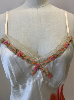 Womens, Top, N/L, Ivory White, Pink, Silk, Tie-dye, S, Spaghetti Straps, 'Love' Written in Pink Dye, Embroidery Trim Orange Flowers with Purple Sequins