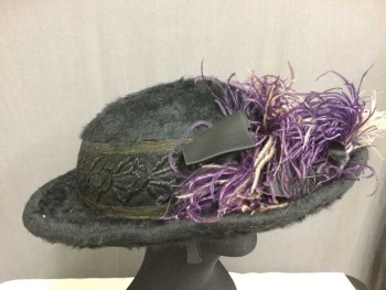 Womens, Hat 1890s-1910s, Black, Taupe, Purple, Gold, Wool, Feathers, Solid, Thick Angora, Hall Round Crown, Wide Embroidered Band, Silk Satin Bow, 17" Diameter,