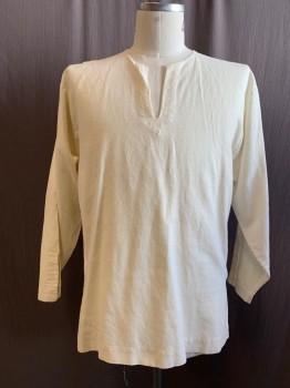 Mens, Historical Fiction Shirt, MTO, Cream, Cotton, Linen, Solid, 42, V-neck, Holes for Lace Up, Long Sleeves, Side Seam Sleeve Slits with Lace Up Holes, Side Seam Hem Slits, *black Spot on Back Neck*, Could Be Worn Medieval, Renaissance or 1700's