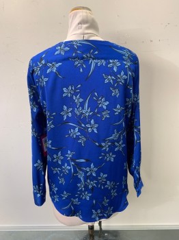 VINCE CAMUTO, Primary Blue, Lt Blue, Black, Polyester, Floral, V-N, Snap at Bust, L/S, Wrap Style Pleated By Right Side Hem