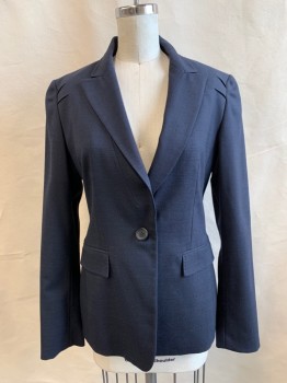Womens, Blazer, ELIE TAHARI, Navy Blue, Wool, Polyester, Solid, 2, Self Plaid Appears Solid, Single Breasted, Hand Picked Collar Attached, Peaked Lapel, Horizontal Pleats at Shoulder, 2 Pockets