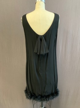 Womens, Cocktail Dress, N/L, Black, Silk, Feathers, Solid, H 35, B 36, Crepe, Lined, Sleeveless, Scoop Neck, Feather Hem Trim, Back Zip, Scoop Back with Attached Bow with Snaps *Repaired Tear at Back Zip, Hole in Back Right Hip*
