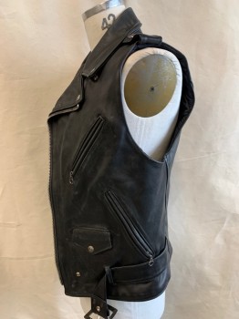 Mens, Leather Vest, Schott, Black, Leather, Nylon, Solid, 42, Zip Front, C.A., Motorcycle Style, Attached Belt