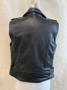 Mens, Leather Vest, Schott, Black, Leather, Nylon, Solid, 42, Zip Front, C.A., Motorcycle Style, Attached Belt