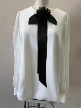 TED BAKER, White, Black, Polyester, Solid, CN, L/S, Pull On, Button Back Neck, Sheer Puff Sleeves with Black Button Cuffs, Black Bow And Flower CF Neck,