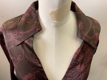 TRINA TURK, Brown, Pink, Silk, Lycra, Floral, Long Sleeves, V-neck, Empire Waist, Collar Attached, Side Zip