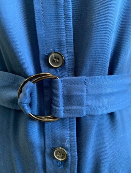 ANNE KLEIN, Dk Blue, Lyocell, Solid, Long Sleeves, Button Front, Shirt Dress, Collar Attached, 2 Patch Pockets with Flap and Button Closures, Knee Length, Belt Loops, **With Matching Fabric Belt with D-Ring Buckle