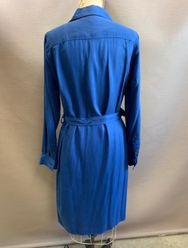 ANNE KLEIN, Dk Blue, Lyocell, Solid, Long Sleeves, Button Front, Shirt Dress, Collar Attached, 2 Patch Pockets with Flap and Button Closures, Knee Length, Belt Loops, **With Matching Fabric Belt with D-Ring Buckle