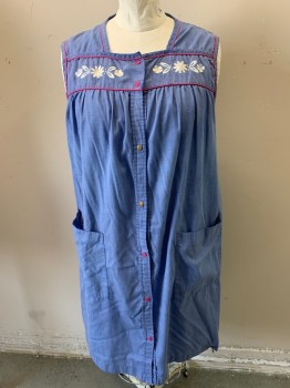 Womens, House Dress, SMART TIME, Denim Blue, Hot Pink, White, Cotton, Solid, Floral, 4XL, Sleeveless, Square Neck, 7 Pink Snap Front, White Floral Appliques at Chest, 2 Large Pockets *Paint is Coming Off of Two Snaps*