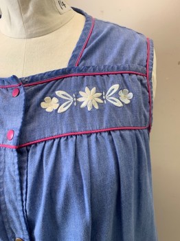 Womens, House Dress, SMART TIME, Denim Blue, Hot Pink, White, Cotton, Solid, Floral, 4XL, Sleeveless, Square Neck, 7 Pink Snap Front, White Floral Appliques at Chest, 2 Large Pockets *Paint is Coming Off of Two Snaps*