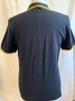 FRED PERRY, Black, Cotton, Solid, Short Sleeves, Golden Yellow Trim, Collar Attached, 2 Buttons,Yellow Embroidered Logo, Multiples