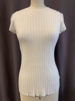 JOIE, Off White, Viscose, Wool, Solid, CN, S/S, Scalloped Trim Sleeves, Keyhole Back, Rib Knit,