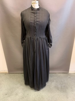 Womens, Dress 1890s-1910s, NL, Black, White, Red Burgundy, Cotton, Stripes - Vertical , W: 38, B: 40, Collar Band, 1/2 Button Front, L/S, Gathered at Waist, Floor Length