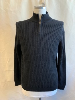 ALFANI, Black, Wool, Acrylic, Solid, Vertical Ribbed, Zip Placket, Ribbed Knit Stand Collar/Waistband Cuff, *Pilling*