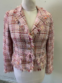 TERI JON, Pink, Multi-color, Cotton, Plaid-  Windowpane, Tweed Bouclé Fabric, Notched Lapel, 4 Golden Buttons, 2 Pockets, Hand Picked Stitching with Light Pink Ribbon at Waist and Sleeves