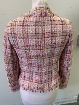 TERI JON, Pink, Multi-color, Cotton, Plaid-  Windowpane, Tweed Bouclé Fabric, Notched Lapel, 4 Golden Buttons, 2 Pockets, Hand Picked Stitching with Light Pink Ribbon at Waist and Sleeves