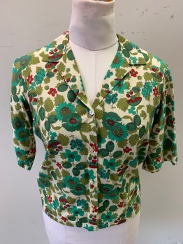 Womens, Shirt, CHRISTENFELD , Olive Green, Jade Green, Dk Green, Red, Cotton, Leaves/Vines , Floral, B: 38", S/S, Camp Shirt, 4 Buttons, Mushrooms and Flora Pattern