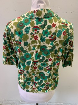 Womens, Shirt, CHRISTENFELD , Olive Green, Jade Green, Dk Green, Red, Cotton, Leaves/Vines , Floral, B: 38", S/S, Camp Shirt, 4 Buttons, Mushrooms and Flora Pattern