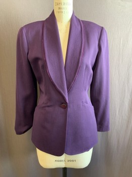 Womens, Blazer, PAUL ALEXANDER, Dk Purple, Wool, Solid, 10, Shawl Lapel, Single Breasted, Button Front, 1 Button, Velvet Trim, 2 Pockets, Pleated Boot