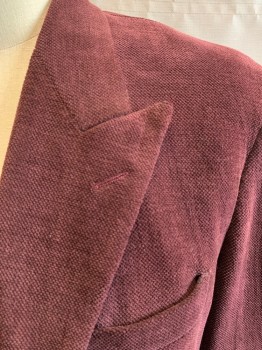 CANALI, Maroon Red, Cotton, Wool, Solid, Chenille, 1 Button, Peaked Lapel, 3 Pockets, No Center Back Vent,