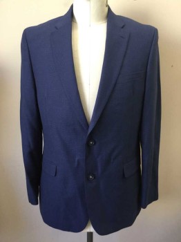 TOMMY HILFIGER, Blue, Navy Blue, Viscose, Polyester, Check , Single Breasted, Collar Attached, Notched Lapel, 3 Pockets, 2 Buttons