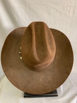 Mens, Cowboy Hat, RESISTOL, Brown, Fur, 7 3/8, Felt, Self Hat Band with Silver Buckle, Dusty and Soft