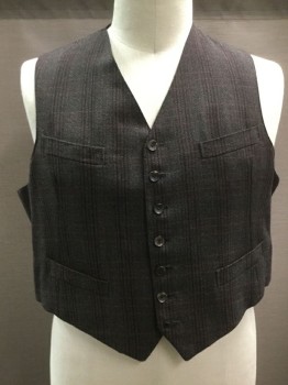 Mens, 1930s Vintage, Suit, Vest, N/L, Brown, Red Burgundy, Tan Brown, Wool, Polyester, Plaid, Herringbone, 46, 4 Pockets, Button Front, Adjustable Back Buckle, Made To Order