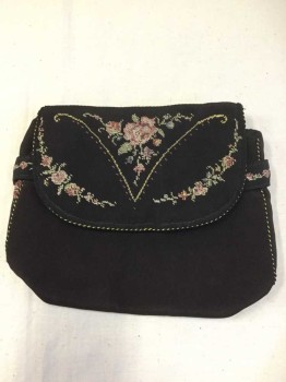 Womens, Purse 1890s-1910s, Black, Pink, Lt Green, Cream, Silk, Cotton, Floral, Black Silk with Multicolor Floral Needlepoint, Small Size Purse, Good Condition,