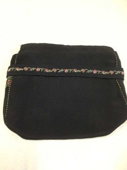 Womens, Purse 1890s-1910s, Black, Pink, Lt Green, Cream, Silk, Cotton, Floral, Black Silk with Multicolor Floral Needlepoint, Small Size Purse, Good Condition,