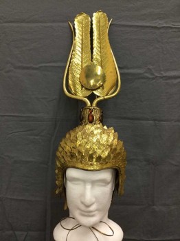 Unisex, Historical Fiction Headpiece, M.T.O., Brass Metallic, Amber Yellow, Metallic/Metal, Leather, Ornate Imperial Egyptian Headpiece. Individually Scaled Crown Of Brass-tin and Gold Leather Pieces. On Top A Brass Piece Tube Of Brass Cobras & Amber Stones Toped with Wide Feather Like Piece In Brass and Gold Leather