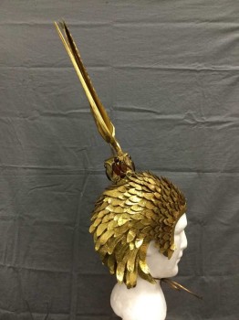 Unisex, Historical Fiction Headpiece, M.T.O., Brass Metallic, Amber Yellow, Metallic/Metal, Leather, Ornate Imperial Egyptian Headpiece. Individually Scaled Crown Of Brass-tin and Gold Leather Pieces. On Top A Brass Piece Tube Of Brass Cobras & Amber Stones Toped with Wide Feather Like Piece In Brass and Gold Leather