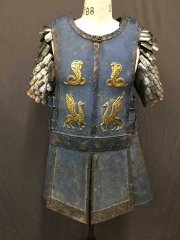 Mens, Historical Fict. Breastplate , Royal Blue, Silver, Antique Gold Metallic, Rubber, Solid, 38, Made To Order, Slightly Muddied, Aged/Distressed,  Removable Fish scale Short Sleeve,  Adjustable Buckle Strap Shoulders And Sides, Center Front Skirt Has Some Structural Tears At Waistband, Multiples