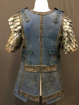 Mens, Historical Fict. Breastplate , Royal Blue, Silver, Antique Gold Metallic, Rubber, Solid, 38, Made To Order, Slightly Muddied, Aged/Distressed,  Removable Fish scale Short Sleeve,  Adjustable Buckle Strap Shoulders And Sides, Center Front Skirt Has Some Structural Tears At Waistband, Multiples
