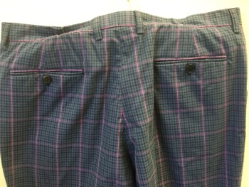 ETRO 52, Periwinkle Blue, Black, Pink, Cotton, Gingham, Plaid-  Windowpane, Periwinkle & Black Gingham with Pink Window Pane Plaid, Flat Front, Zip Front, 4 Pockets