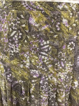 JONES NY, Purple, Chartreuse Green, Dk Gray, Synthetic, Abstract , Floral, Drop Pleats On Yoke, Stretch