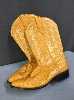 Mens, Cowboy Boots , USA, Goldenrod Yellow, Leather, Abstract , 10, Pull-on, Ostrich, White Stitch