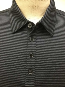 JOHN VARVATOS, Black, Heather Gray, Silk, Cotton, Stripes - Horizontal , Black W/heather Gray Horizontal Stripes, Collar Attached, 4 Button Front, Short Sleeve,  See Photo Attached,