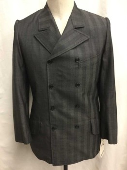 Mens, Jacket 1890s-1910s, NO LABEL, Black, Gray, Red Burgundy, Wool, Stripes, 42 R, Double Breasted, Subtle Burgundy Stripe, One Chest Pocket, 2 Hip Pockets with Flaps, CB Vent,