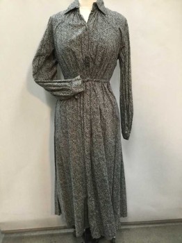 Womens, Dress 1890s-1910s, MTO, Gray, Black, Cotton, Floral, Abstract , W 28, B 40, Snap Front, Ankle Length, Long Sleeves, Collar Attached, Pleated At Shoulders with Black Button Detail, Sleeves Gathered At Shoulder and Cuff, Attached At Back Self Belt, Back Pleated At Neck and Waist,